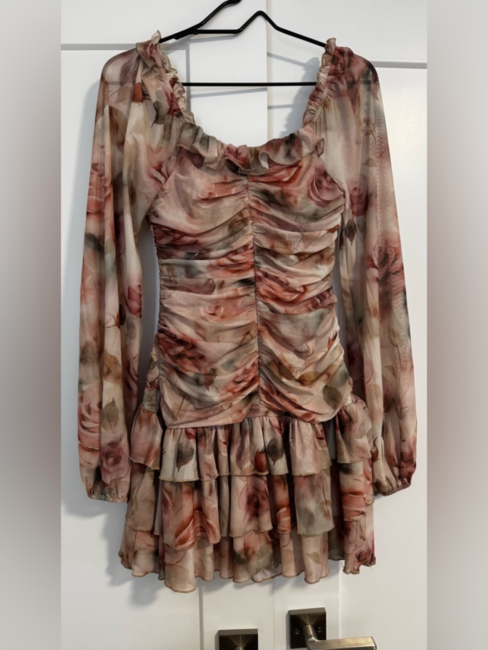 Lulu's Beige Rose-Print Ruffled Mini Dress - Picture 3 of 4